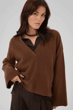 Huxi V Neck Knit Tobacco Brown