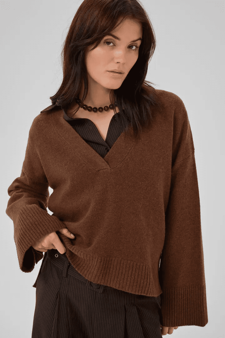 Huxi V Neck Knit Tobacco Brown