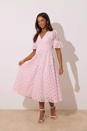 Callie Lace Bow Back Midi Dress Pink